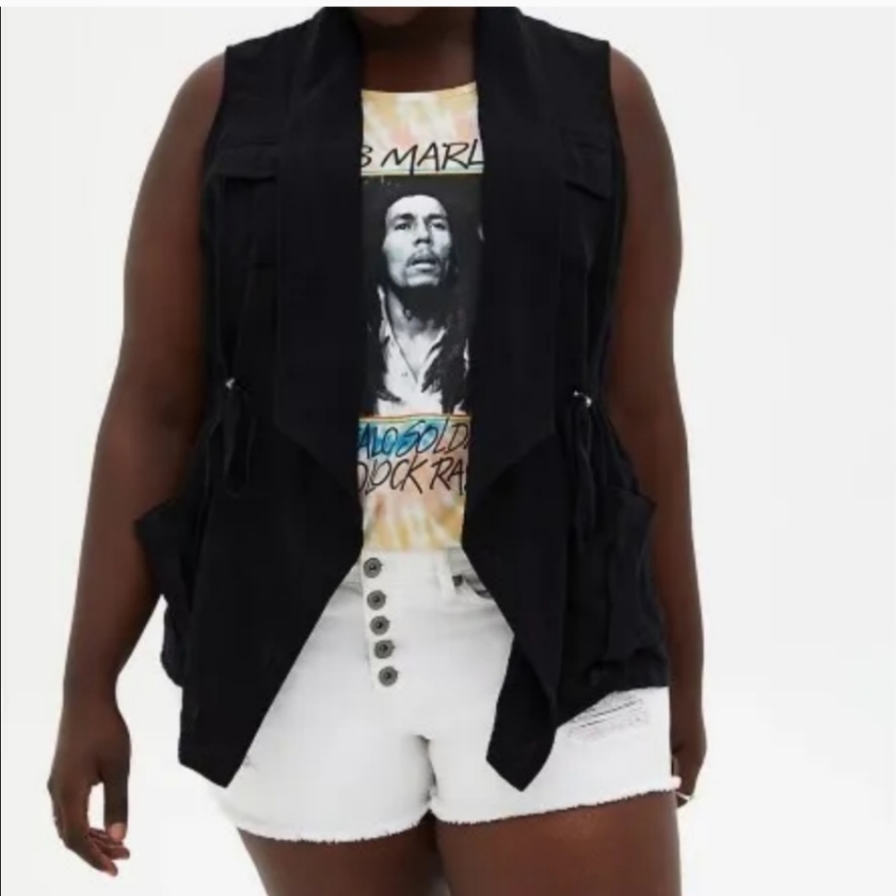 Torrid Black Drape Open Front  Cotton Utility Cinch Festival Vest 4X NWT